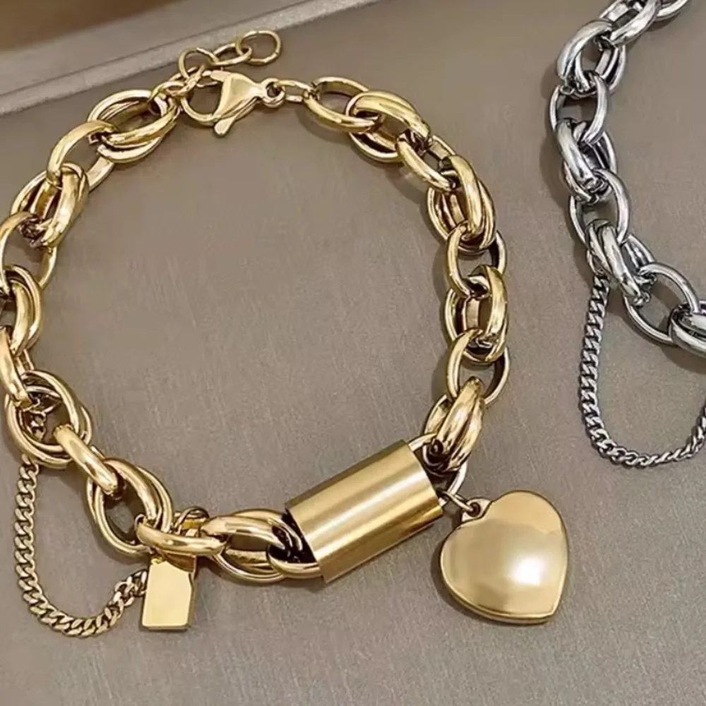 Anthropologie Chunky Gold Chain Bracelet with Heart Lock & Safety Chain - Picture 6 of 9